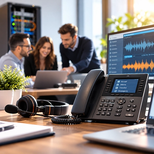 Solutions d'accueil téléphonique professionnel – Impact-Tel Téléphone professionnel VoIP et casque audio dans un bureau, illustrant les solutions d'accueil téléphonique Impact-Tel.